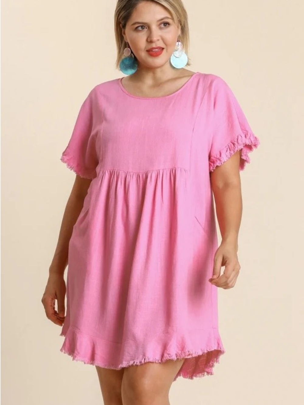 Umgee Pink Linen Blend Tunic Dress Fringe Hem Boho M beachy barbiecore lounge